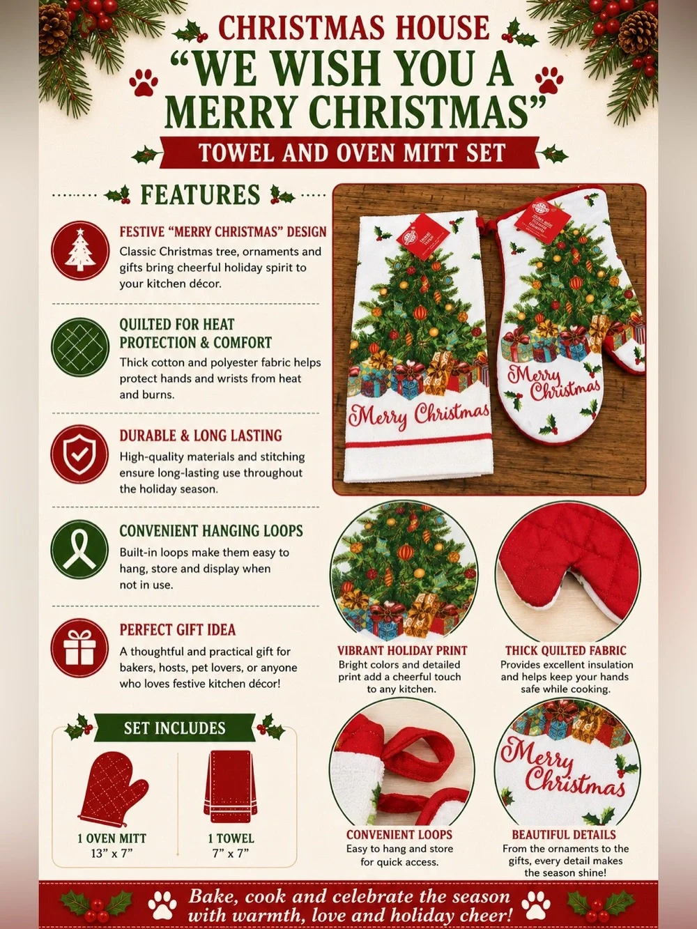 Christmas House “We Wish You A Merry Christmas” Towel and Oven Mitt